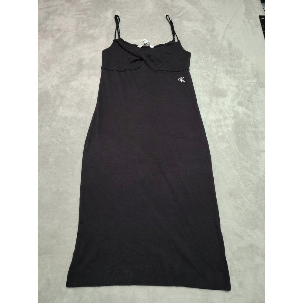 Calvin Klein Knit Little Black‎ Dress Ladies M Spaghetti Straps Knee Length Logo